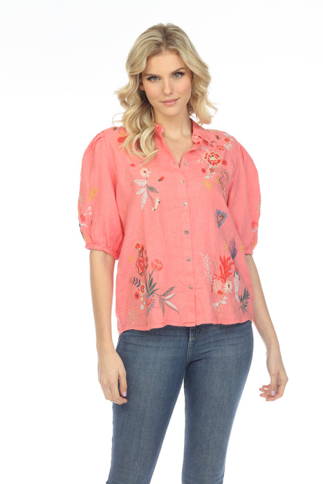 Johnny Was JWLA Style J10522 Ruth Lisbon Linen Embroidered Blouse Chic