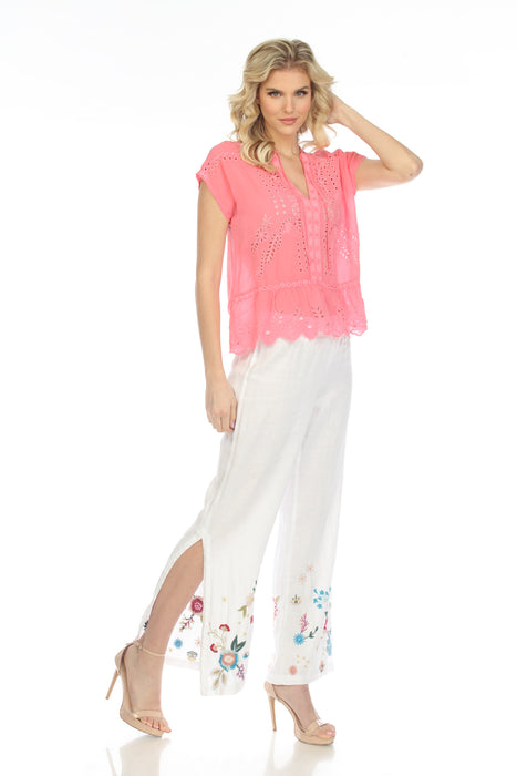Johnny Was JWLA Style J64022 White Martine Embroidered High Slit Palazzo Pants Chic