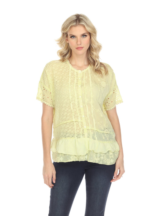 Johnny Was Style C18822 Light Green Hyacinth Eyelet Embroidered Blouse Boho Chic