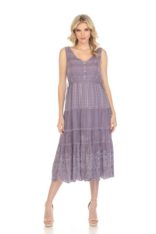 Johnny Was Style C32322 Purple Winter Embroidered Tiered Midi Dress Boho Chic