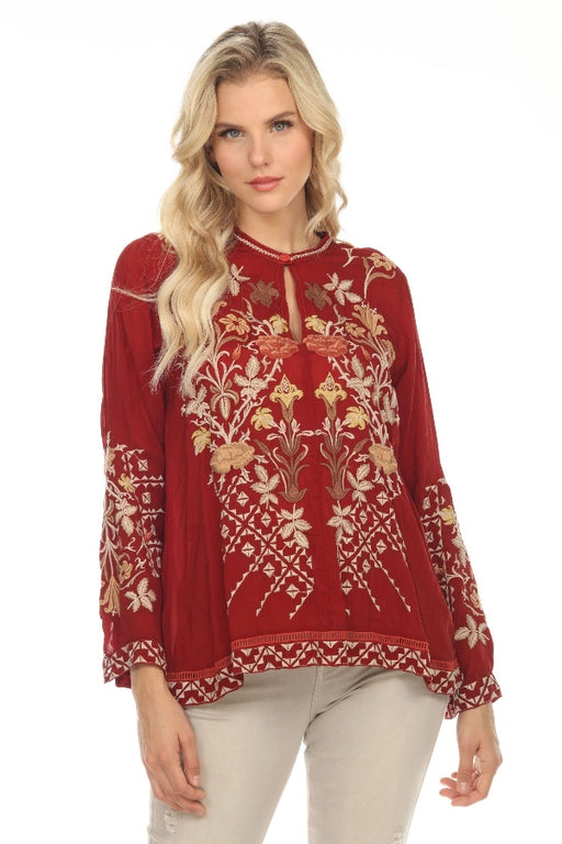 Johnny Was Style C16622 Red Wine Frankie Embroidered Long Sleeve Blouse Boho Chic