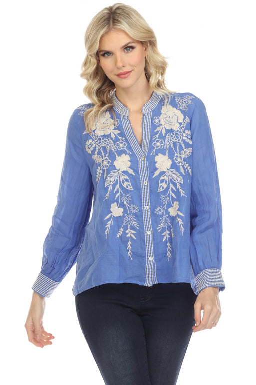 Johnny Was Workshop Style W17422-E Wedgewood Blue Osiris Relaxed Button-Down Shirt Boho Chic