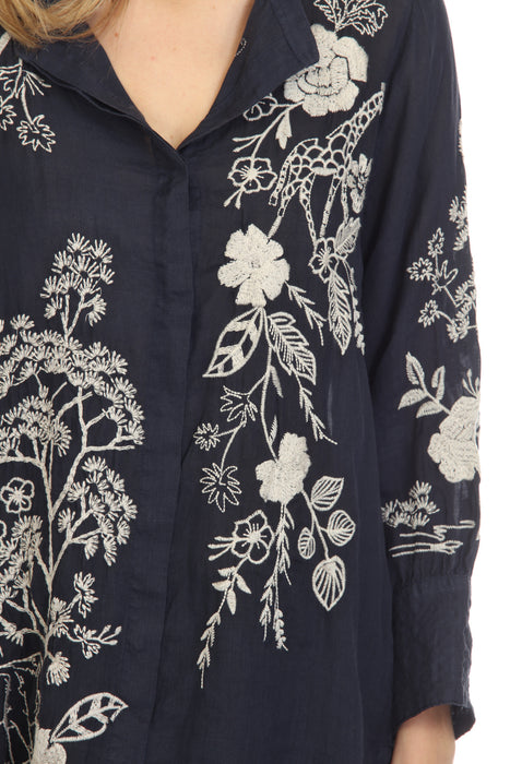 Johnny Was Workshop Navy Osiris Voyager Embroidered Tunic Shirt Chic W24822-E NEW