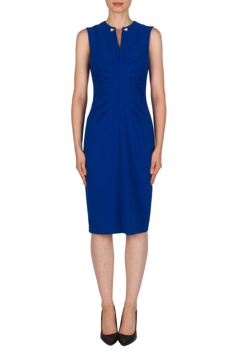 Joseph Ribkoff Style 181413 Azure Blue Ruched Split V-Neck Sleeveless Sheath Dress