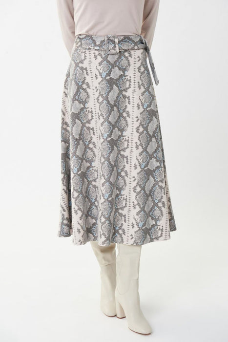 Joseph Ribkoff Style 223304 Beige/Multi Faux Suede Snakeskin Belted Midi A-Line Skirt