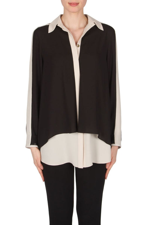 Joseph Ribkoff Style 173282 Black/Champagne Two-Tone Layered Button-Down Long Sleeve Blouse