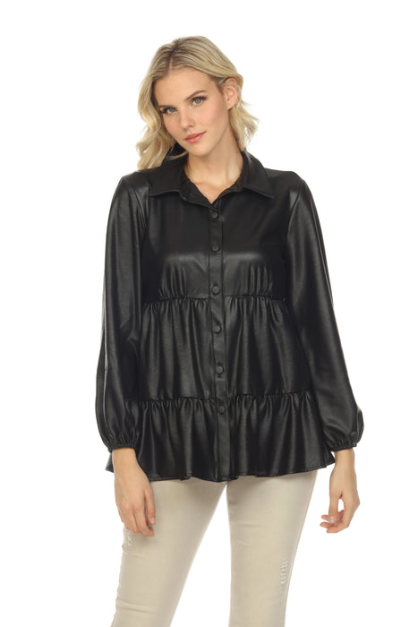 Joseph Ribkoff Style 224298 Black Faux Leather Long Sleeve Tiered Swing Top