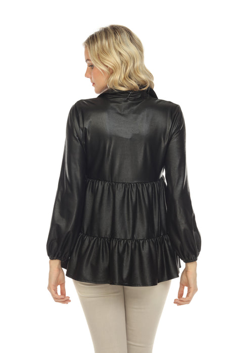 Joseph Ribkoff Black Faux Leather Long Sleeve Tiered Swing Top 224298 NEW