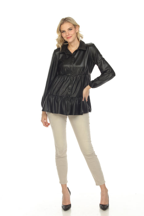 Joseph Ribkoff Black Faux Leather Long Sleeve Tiered Swing Top 224298 NEW