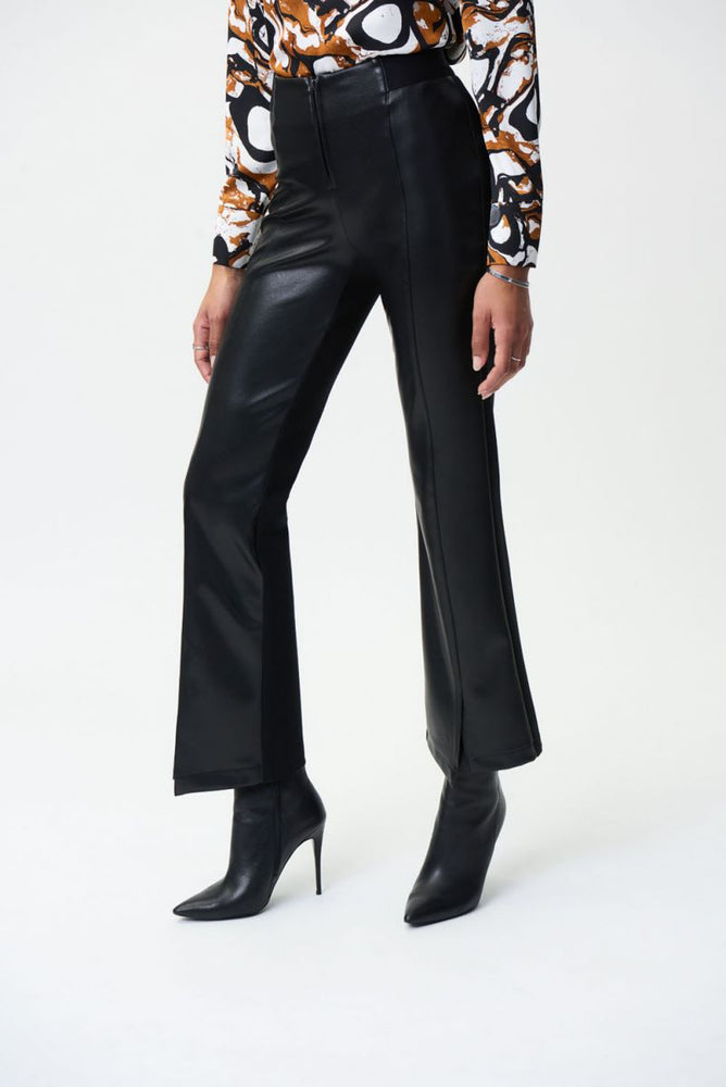 Joseph Ribkoff Style 224311 Black Faux Leather Split Hem Flared Pants