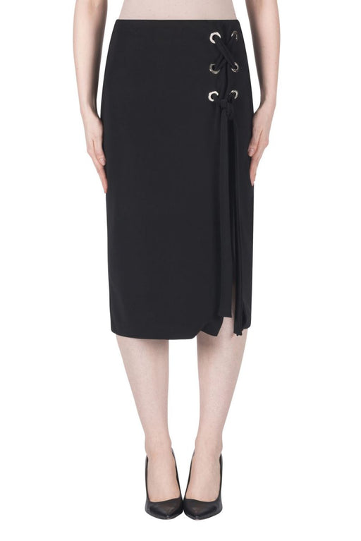 Joseph Ribkoff Style 183243 Black Front Slit Lace-Up Midi Pencil Skirt