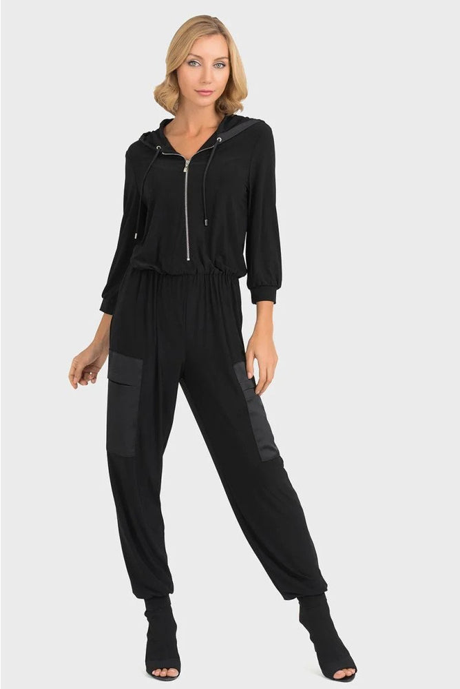 Joseph Ribkoff Style 193436 Black Hooded Zip Front 3/4 Sleeve Jumpsuit