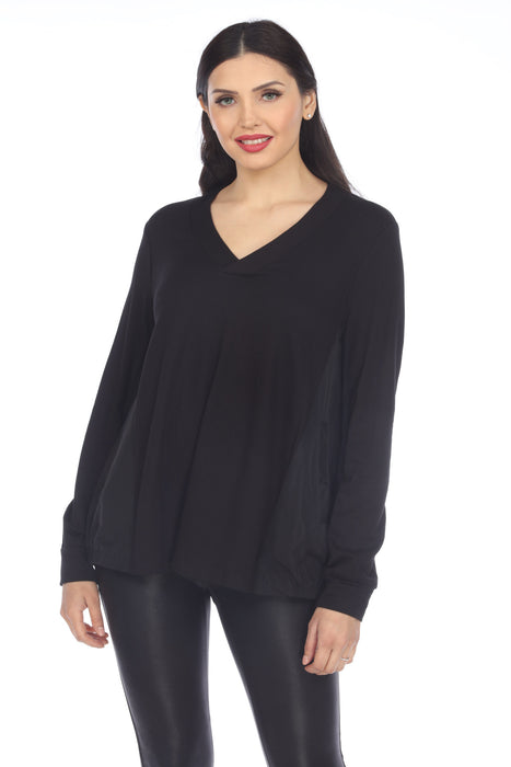 Joseph Ribkoff Style 214218 Black Mixed Panels V-Neck Long Sleeve Top