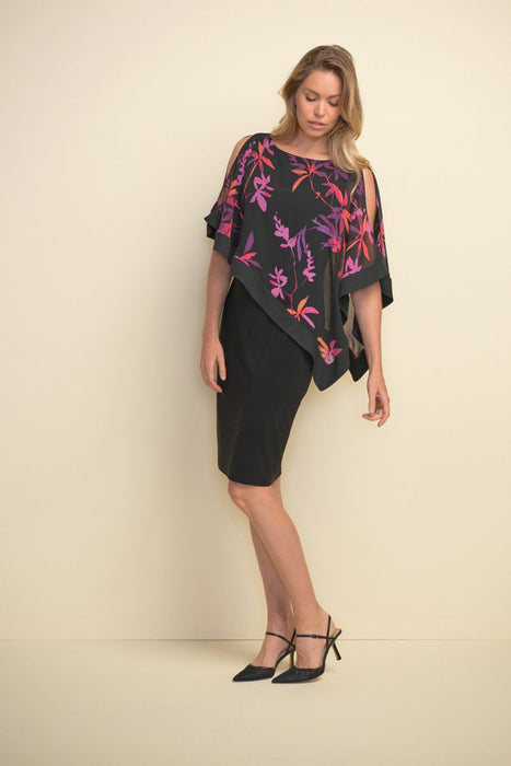 Joseph Ribkoff Style 211374 Black/Multi Floral Asymmetric Sheer Overlay Sheath Dress