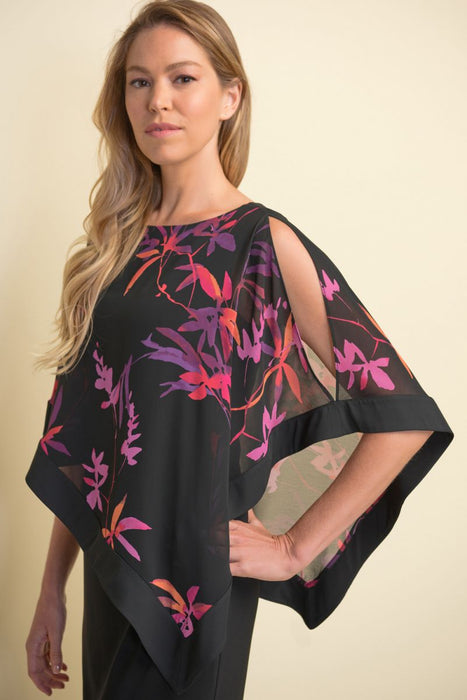 Joseph Ribkoff Black/Multi Floral Asymmetric Sheer Overlay Sheath Dress 211374 NEW