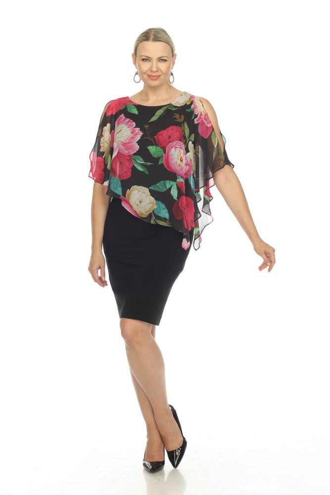 Joseph Ribkoff Style 223748 Black/Multi Floral Chiffon Overlay Sheath Dress