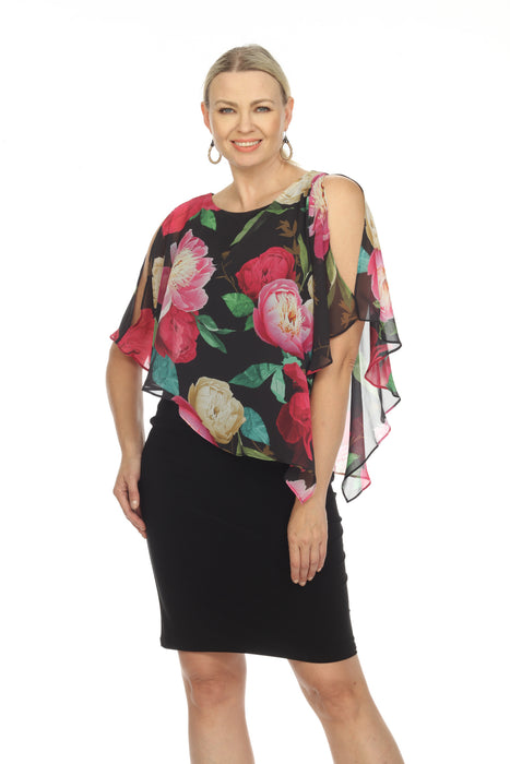 Joseph Ribkoff Black/Multi Floral Chiffon Overlay Sheath Dress 223748 NEW