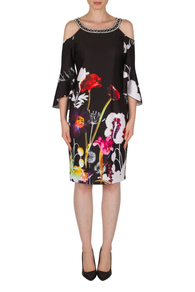 Joseph Ribkoff Style 182704 Black/Multi Floral Print Cold-Shoulder Dress