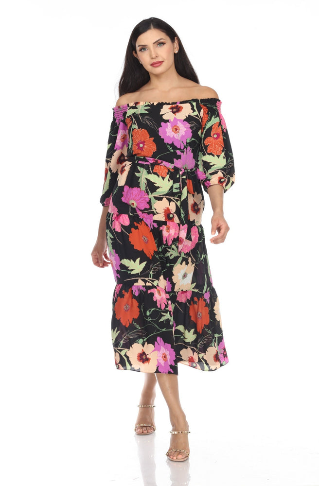 Joseph Ribkoff Style 222255 Black/Multi Floral Print Off-Shoulder Waist Tie Midi Dress
