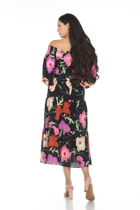 Joseph Ribkoff Black/Multi Floral Print Off-Shoulder Waist Tie Midi Dress 222255 NEW