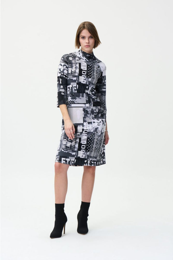 Joseph Ribkoff Style 224225 Black/Multi Mixed Print Turtleneck 3/4 Sleeve Shift Dress