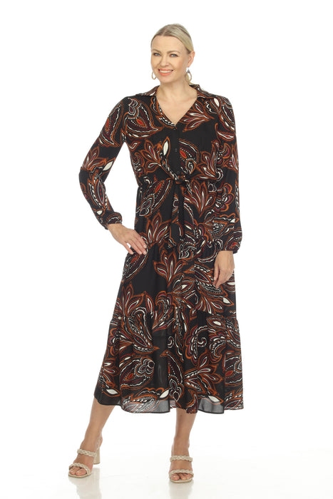 Joseph Ribkoff Style 223275 Black/Multi Paisley Print Tie-Front Tiered Midi Shirt Dress