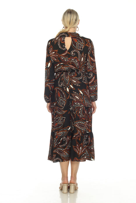 Joseph Ribkoff Black/Multi Paisley Print Tie-Front Tiered Midi Shirt Dress 223275 NEW