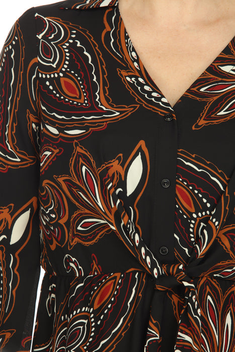 Joseph Ribkoff Black/Multi Paisley Print Tie-Front Tiered Midi Shirt Dress 223275 NEW