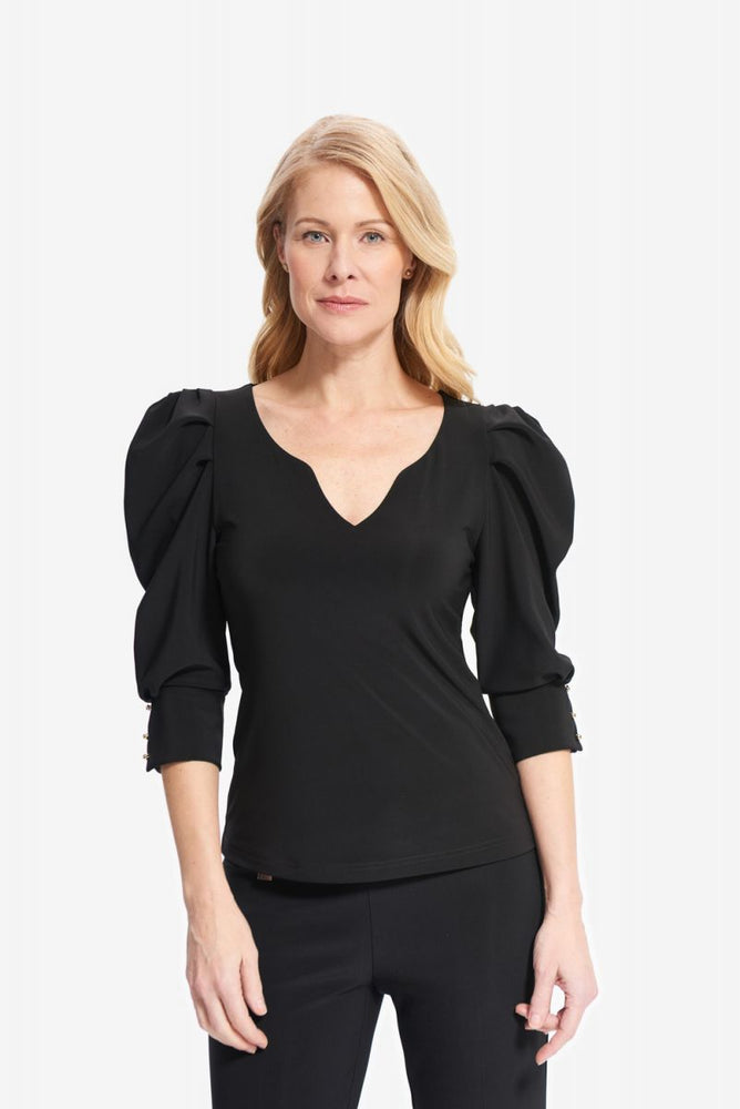 Joseph Ribkoff Style 214199 Black V-Neck 3/4 Puff Sleeve Fitted Top
