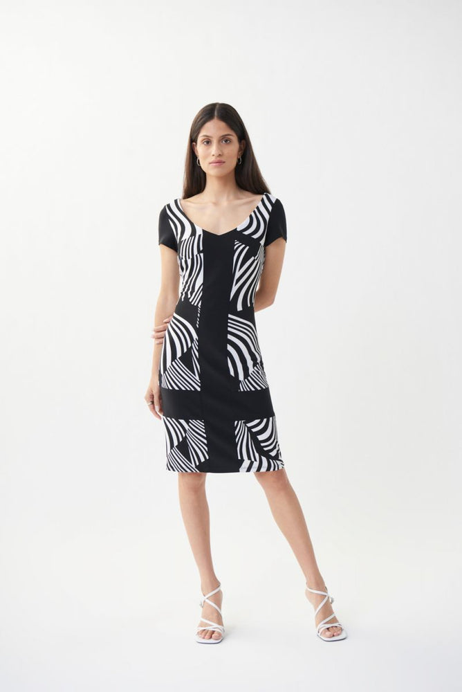 Joseph Ribkoff Style 222056 Black/Vanilla Blocked Abstract Print Short Sleeve Sheath Dress