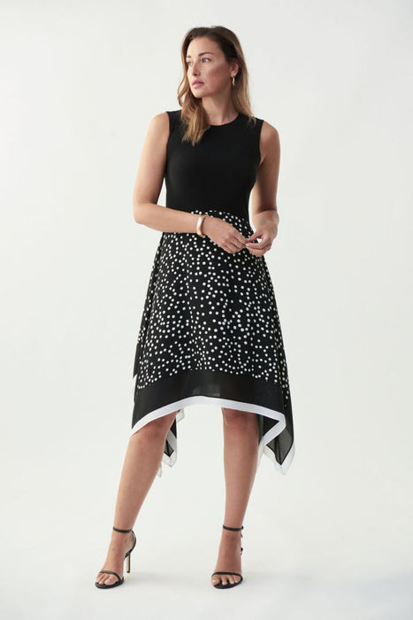 Joseph Ribkoff Style 221360 Black/Vanilla Polka Dot Handkerchief A-Line Midi Dress