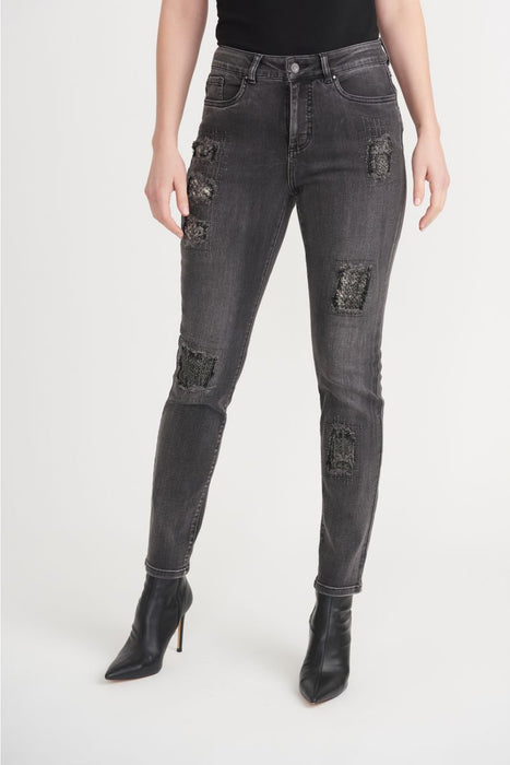 Joseph Ribkoff Style 203072 Charcoal/Dark Grey Distressed Slim Cropped Jeans