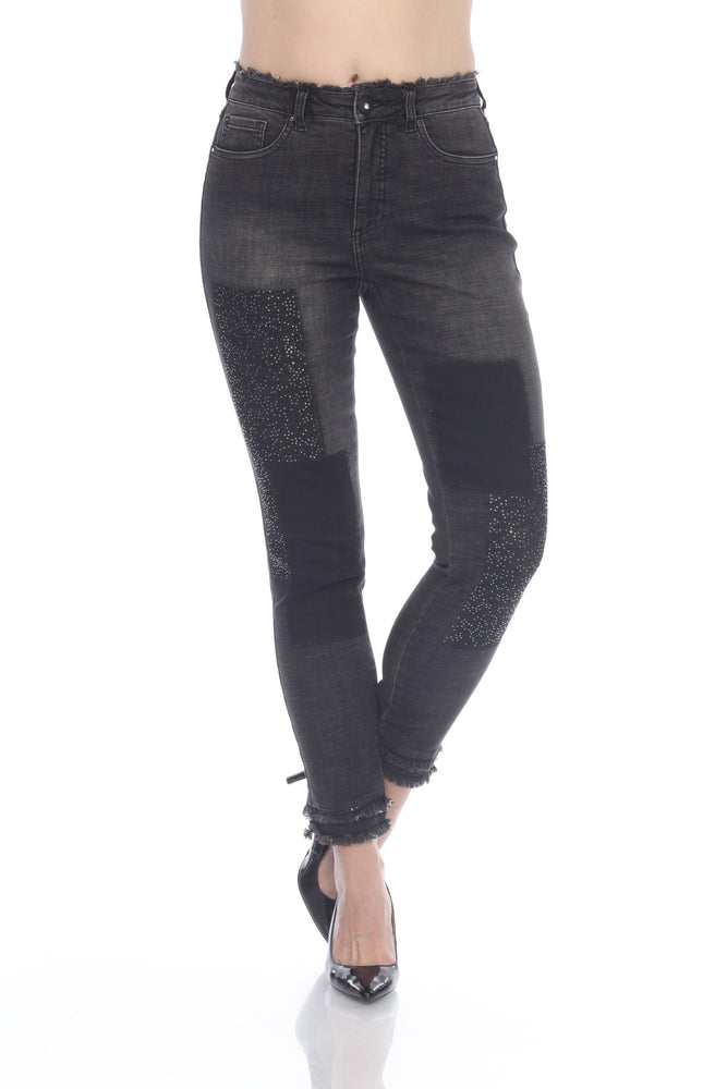 Joseph Ribkoff Style 214924 Charcoal/Dark Grey Embellished Patchwork Frayed Cropped Jeans