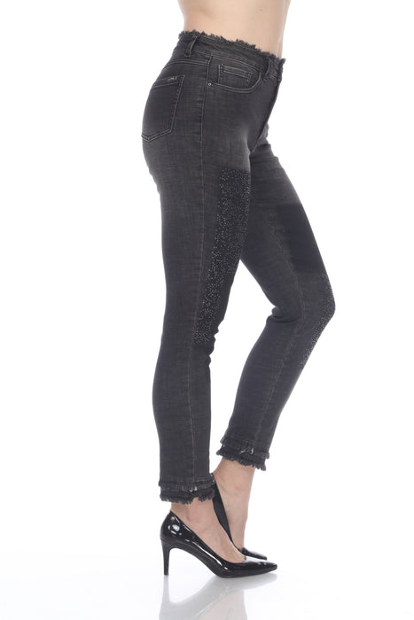 Joseph Ribkoff Charcoal/Dark Grey Embellished Patchwork Frayed Cropped Jeans 214924 NEW