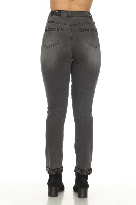 Joseph Ribkoff Charcoal Grey Rhinestone Trim Straight Ankle Jeans 224953 NEW