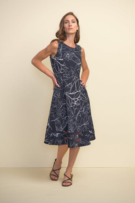 Joseph Ribkoff Style 211299 Midnight Blue/Vanilla Floral Print Sheer Trim Flared Dress