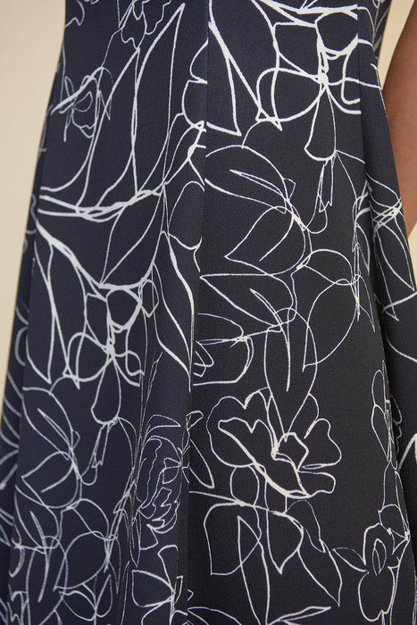 Joseph Ribkoff Midnight Blue/Vanilla Floral Print Sheer Trim Flared Dress 211299 NEW