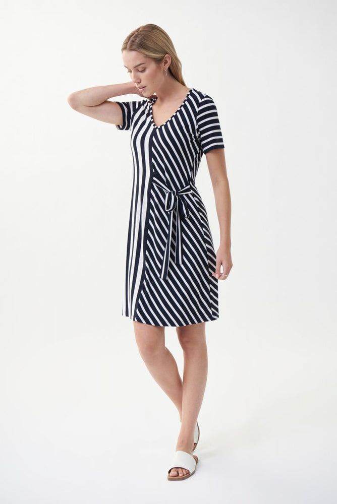 Joseph Ribkoff Style 222139 Midnight Blue/White Striped Short Sleeve Mock-Wrap Dress