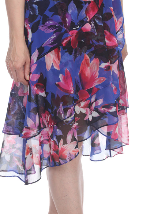 Joseph Ribkoff Multi Floral Print Ruffled Sleeveless Mock-Wrap Midi Dress 212169 NEW