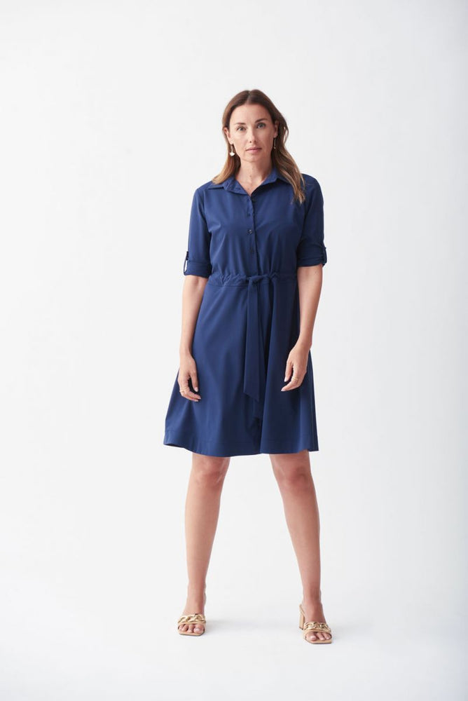 Joseph Ribkoff Style 221112 Navy Waist Tie Button-Down Roll-Tab Sleeve Shirt Dress