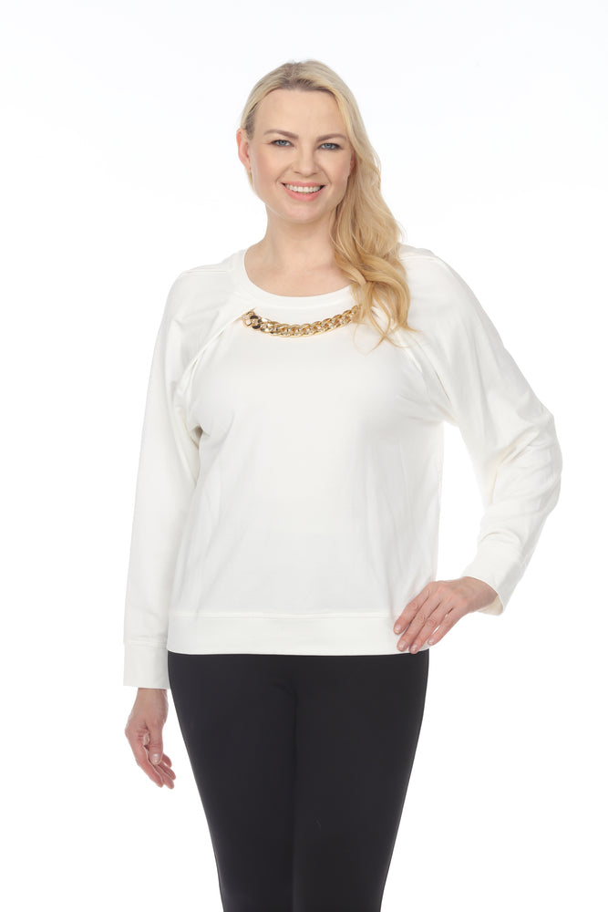 Joseph Ribkoff Style 221146 Off-White Chain Detail Round Neck Long Sleeve Top