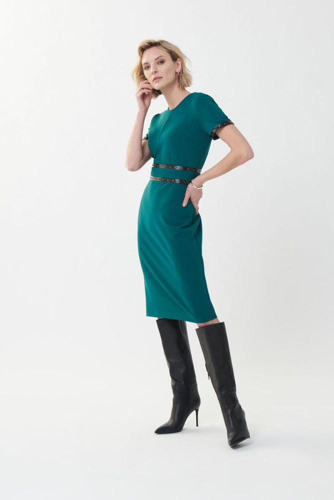 Joseph Ribkoff Style 223174 Rainforest Green Studded Faux Leather Trim Sheath Dress