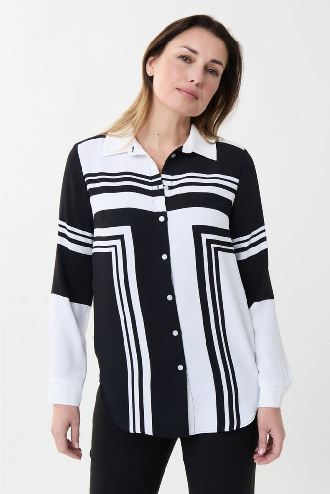 Joseph Ribkoff Style 223018 Vanilla/Black Blocked Stripes Long Sleeve Tunic Blouse