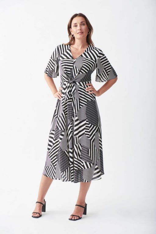 Joseph Ribkoff Style 221130 Vanilla/Black Striped Tie Front Short Sleeve Midi Dress
