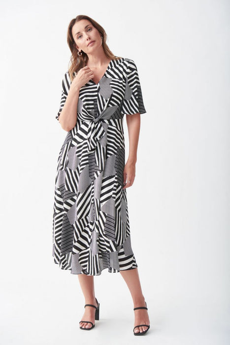 Joseph Ribkoff Vanilla/Black Striped Tie Front Short Sleeve Midi Dress 221130 NEW