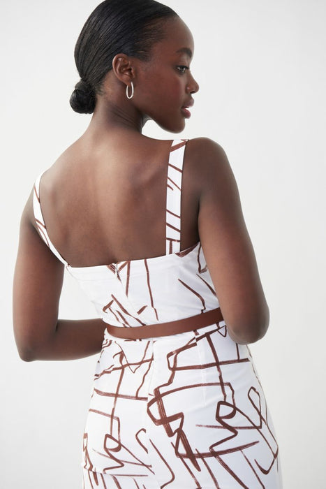 Joseph Ribkoff Vanilla/Brown Abstract Print Belted Sleeveless Sheath Dress 222106 NEW