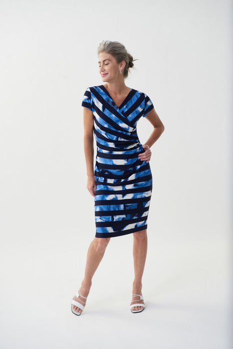 Joseph Ribkoff Vanilla/Multi Striped Tie-Dye Short Sleeve Sheath Dress 222277 NEW
