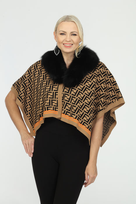 OO LA LA Style M5052 Camel/Black Letter Pattern Fur Collar Cape Boho Chic