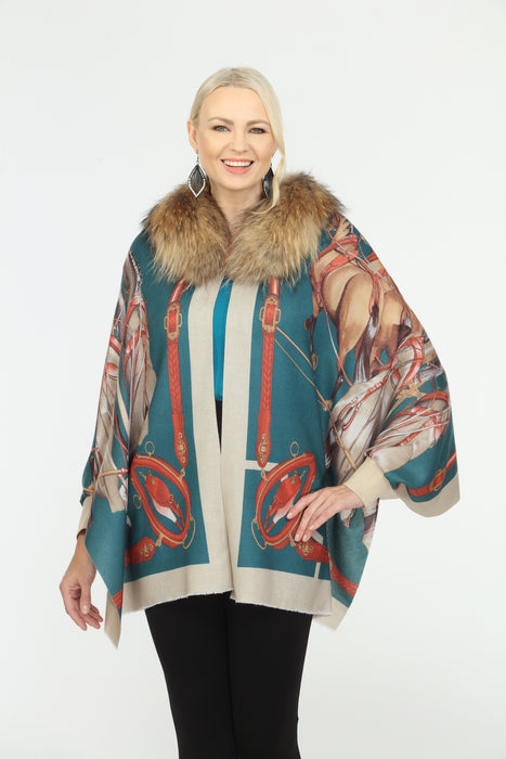 OO LA LA Style M5170 Teal Detachable Fur Collar Cape Boho Chic