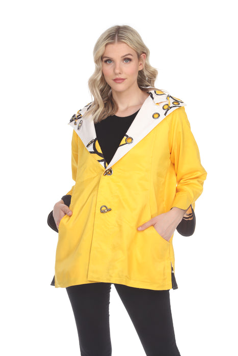Oopera Lindi Style J1239RW-3 Yellow/Flower Print Reversible Water-Repellent Toggle Button Raincoat